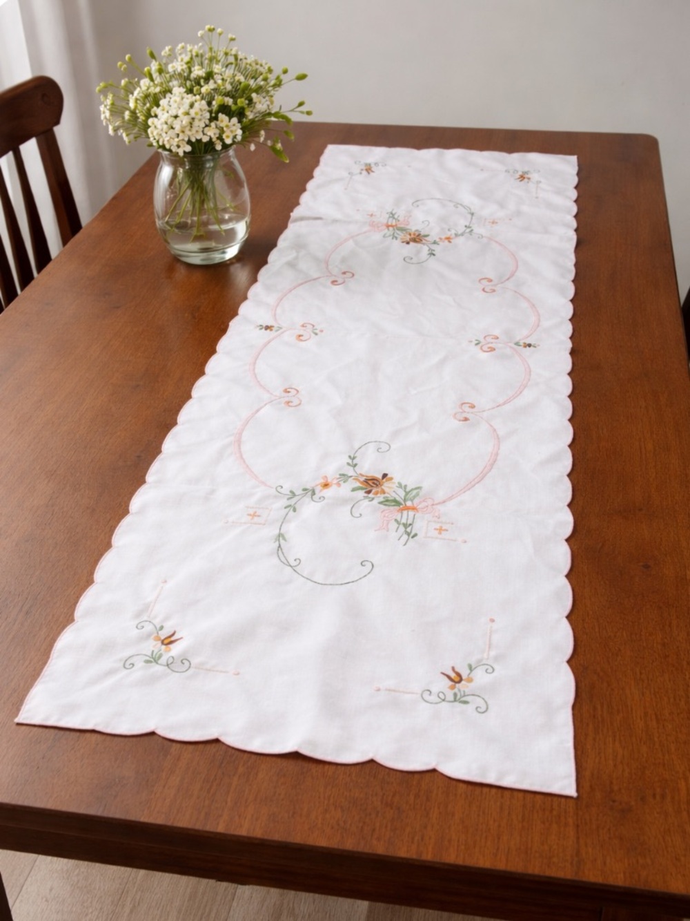 Vintage Embroidered Floral Table Runner - White with Pink and Green